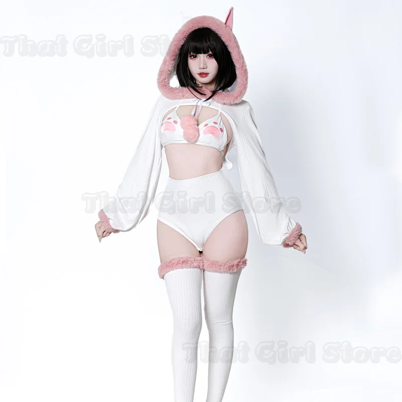 Cute Japanese Cat Suit Bikini Set Detachable Tail Fluffy Cat Ears Comfortable White Cotton Polyester Jumpsuit halloween Outfits