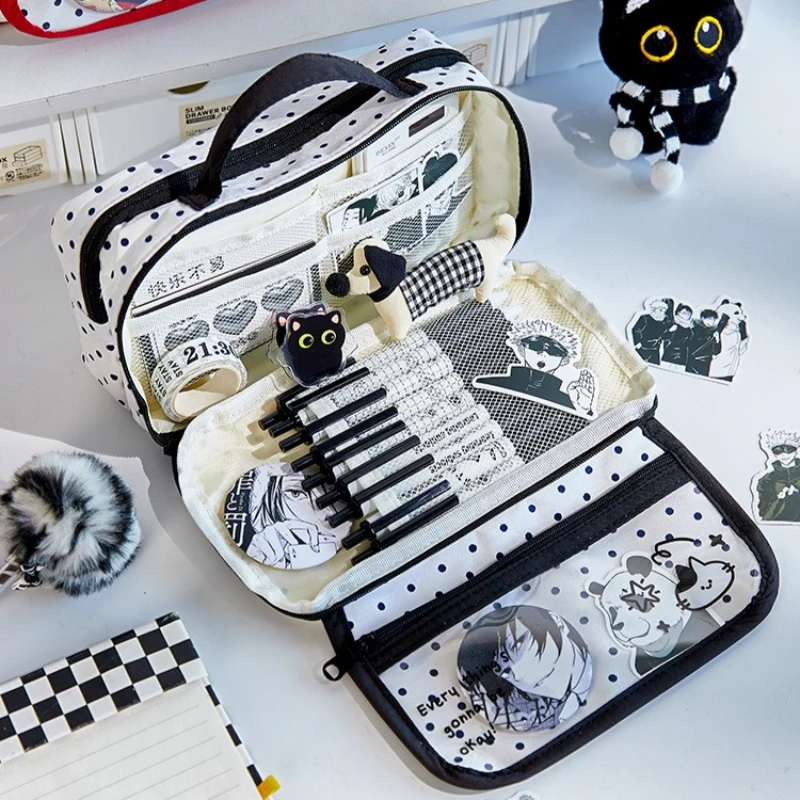 Lässige Polka-Dot Ita-Tasche, Federmäppchen im Ins-Stil, Große Kapazität Organizer, Tragbare Ästhetische Schultasche für Schreibwaren und Abzeichen
