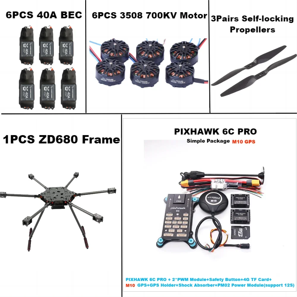 ZD680 6C PRO M10 Kit telaio esacottero con braccio pieghevole hexacottero Hexa-rotore interamente in fibra di carbonio PIXHAWK con carrello di atterraggio infodibile
