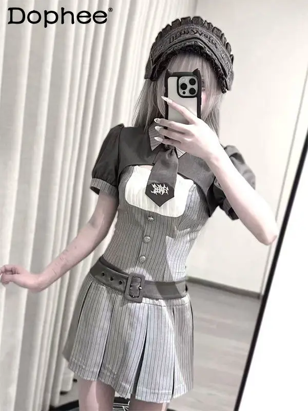 

Japanese sweet girl mine gray waist short-sleeved dress set college style office women's fashion commuter dress
