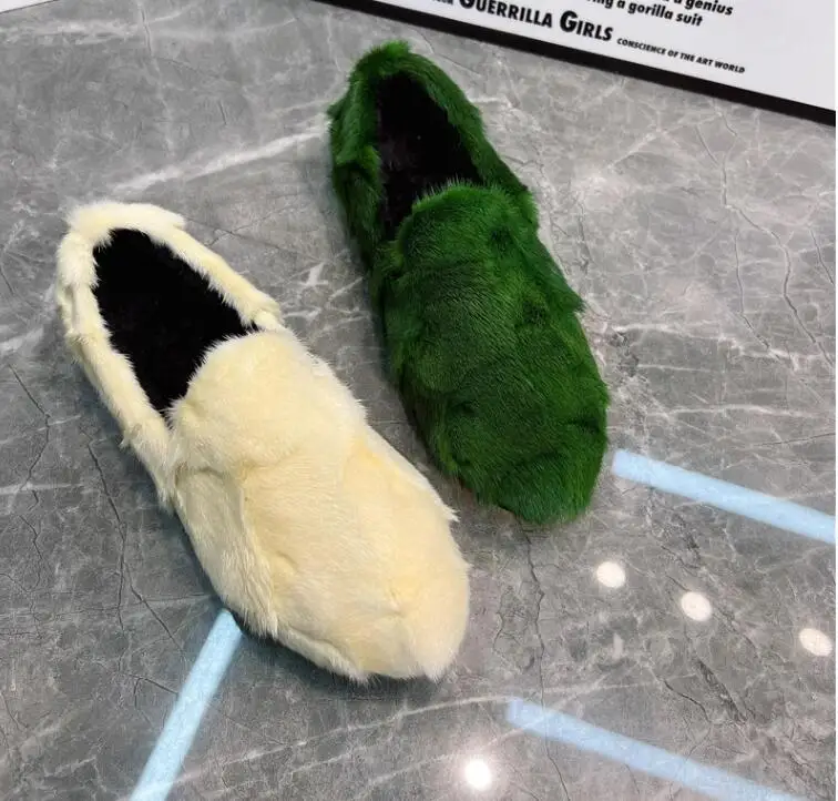 

Winter Real Mink Fur Flats Fur Shoes Slip On Full Fur Leisure Loafers Thick Sole Street Woman Warm Fur Shoes