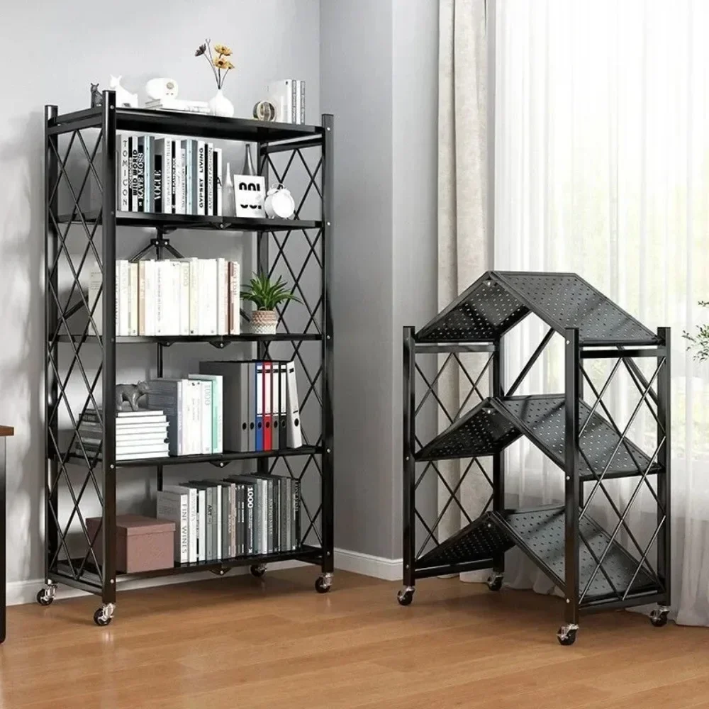 Folding Kitchen Storage Rack Installation-Free Outdoor Flower Stand Shelves Carbon Steel Bookshelf With Wheels Trolley Bookcase