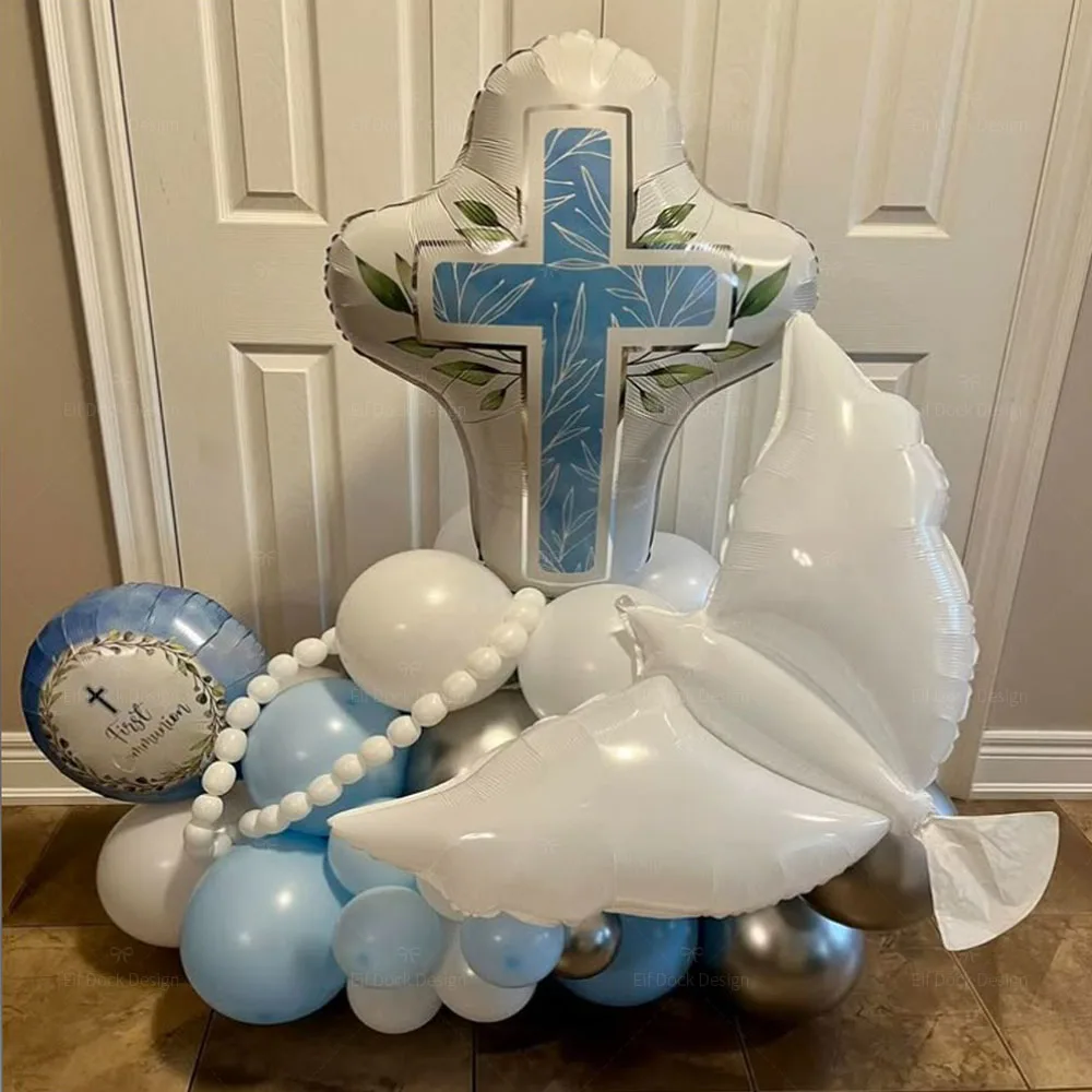 1 conjunto de balão para batismo de bebê, banho cruzado e formato de pomba da paz, balão de folha, comunhão, batismo, conjunto de globos, decoração de festa, suprimentos