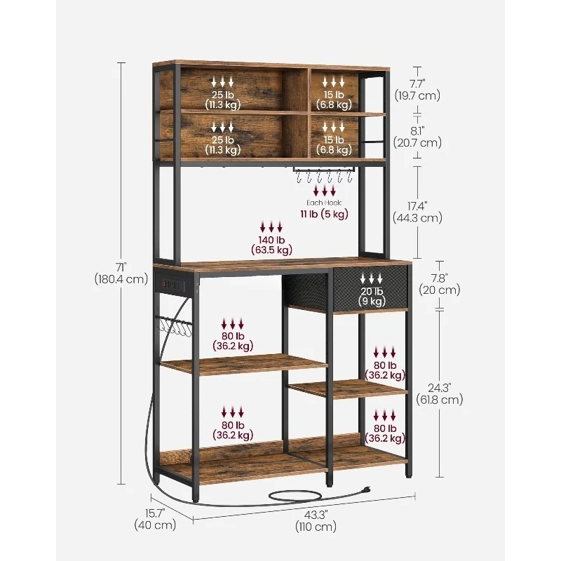 12 hooks coffee bar holder, with adjustable storage rack, bread rack with drawers