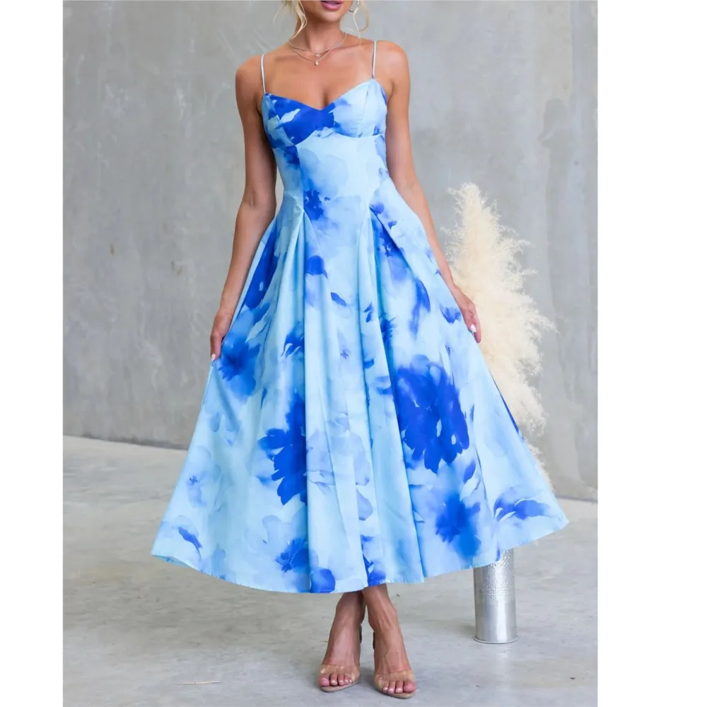 

Elegant Spring Summer Dress Fashionable Holiday Print Holiday Sweet Sleeveless Off-shoulder High-waisted Suspender Long Dress