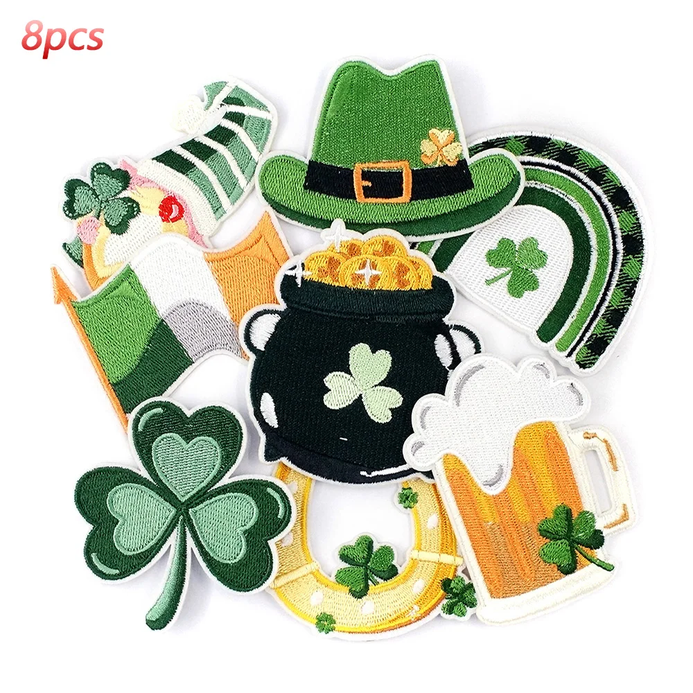 8Pcs/Lot Flag Ireland Hat Leaf Beer Decoration Patches Embroidery Applique Ironing Clothing Sewing Supplies Decorative Patch