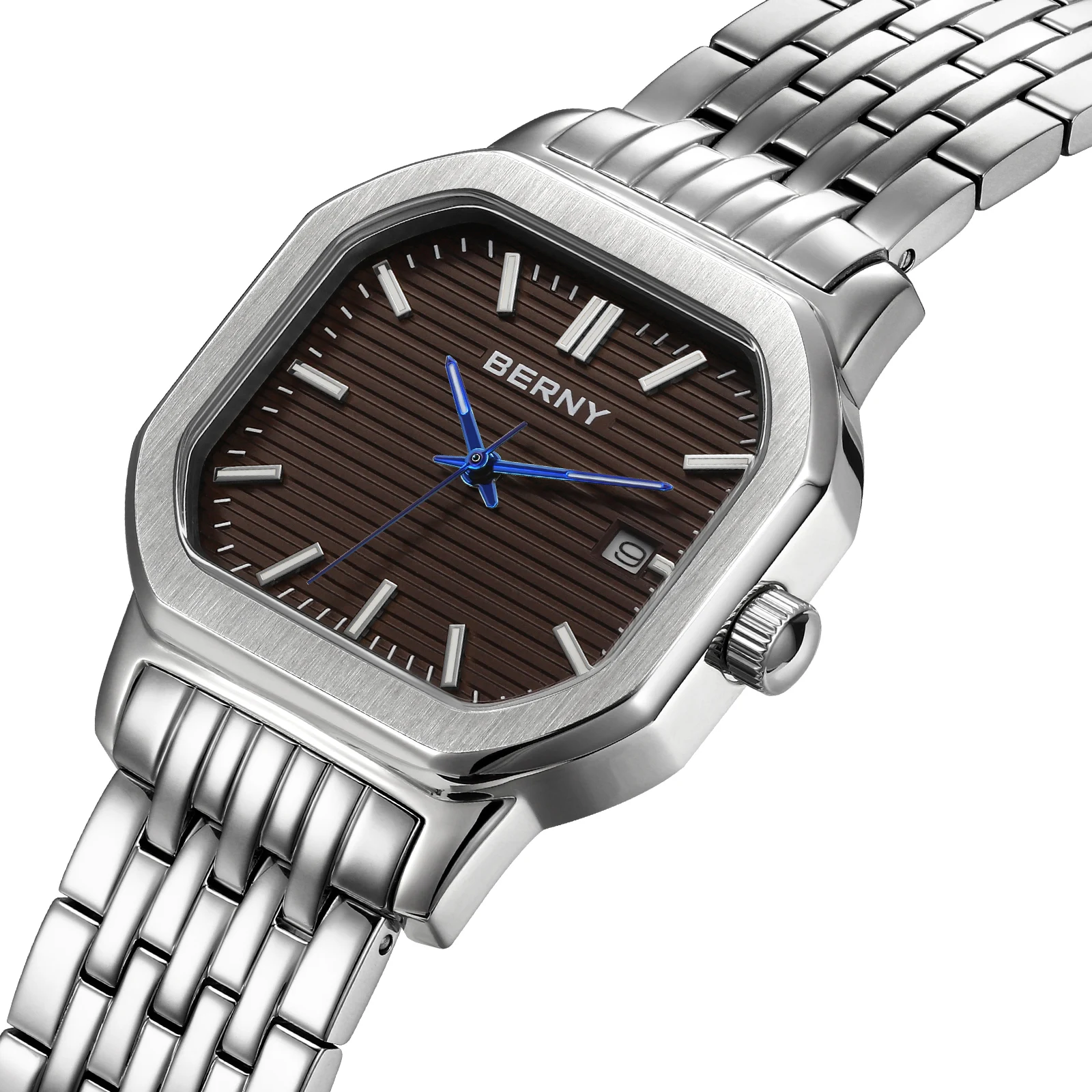 BERNY Men's  Watches Luminous Elegant Fashion Date Dress Quartz Watch Rectangle Dial Calendar Casual Business Wristwatch