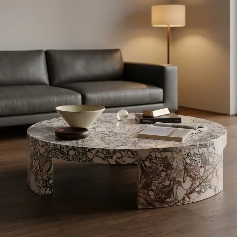 Customizable 1000x1000x350mm 55KG Light Natural Stone Caracatta Viola Modern Round Marble Coffee Table