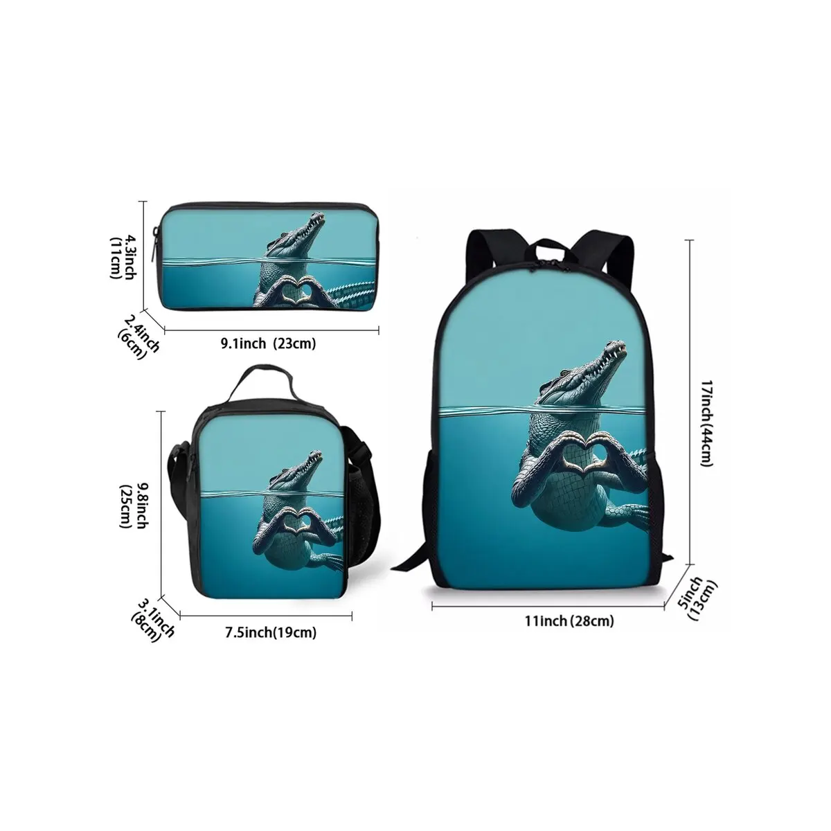 Love Crocodile Print Three Piece Backpacks Set for Boy and Girls Best Gifts 2D Flat Cartoon School Bag for Children