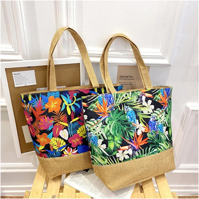 1PCS Fashion Canvas Bag Summer Beach Ladies Floral Printed Shoulder Bag Simple Large Capacity Women Tote Shopping Bag