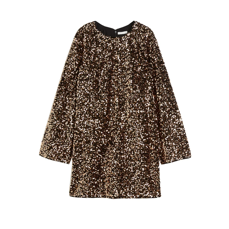 Summer New Women's Simple round Ne Long Sve Sequin Dr oulder Insert A-Line Skirt Polyester Fiber Commute Sle Loos...