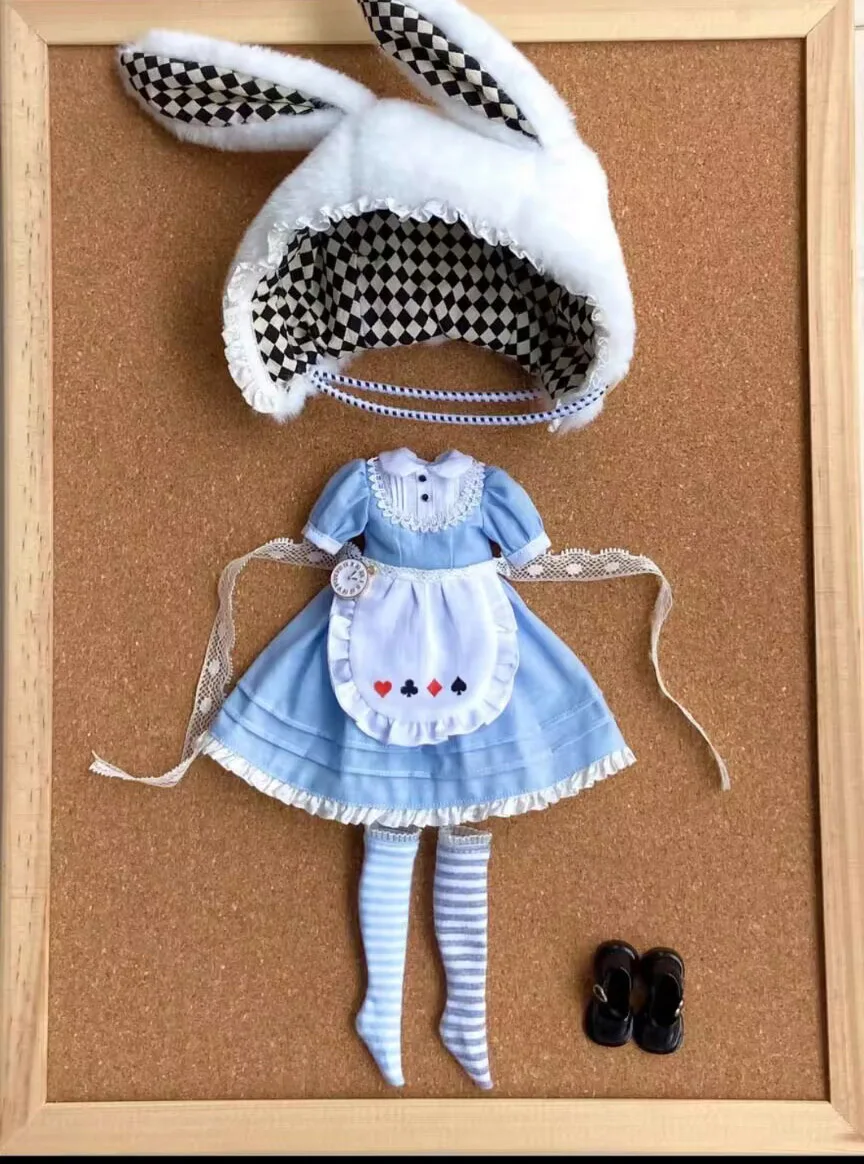 Alice poker rabbit 4pcs Landoudou/Blythe Dress+apron+rabbit ear hat+socks 1/6 30cm(Fit for  azone,Pullip,Ob22/24/26, Licca)