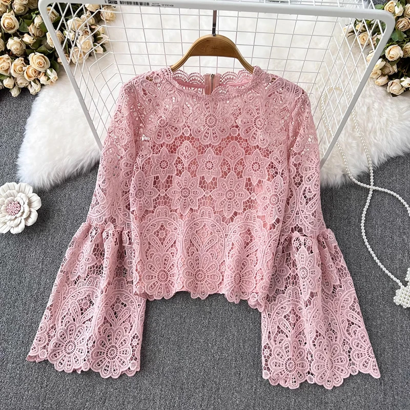 EWQ Fashion Hollow Out Lace Blouse For Women Round Neck Loose Long Sleeve Solid Color Zipper Tops Clothing 2024 New 27X651