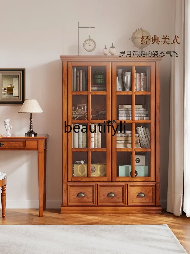 

American solid wood retro living room bookcase floor to wall with door multi-layer storage locker