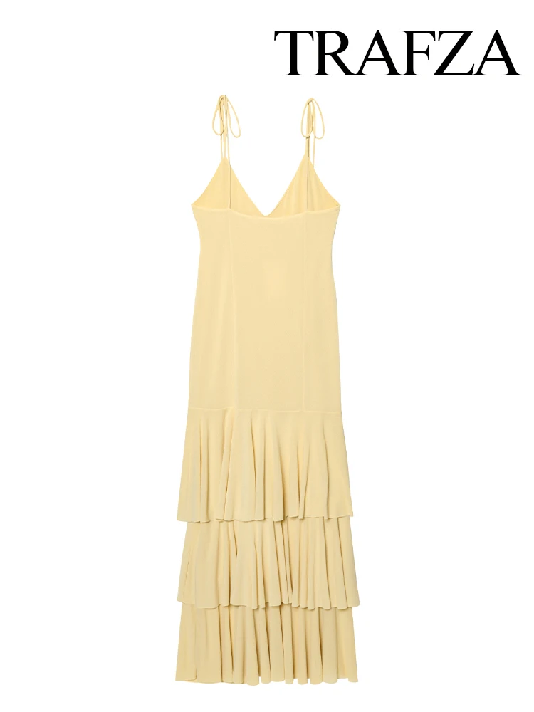 Hh feminino verão nova moda sexy em camadas decoração com decote em v sem mangas midi vestido feminino temperamento fino estilingue vestido longo