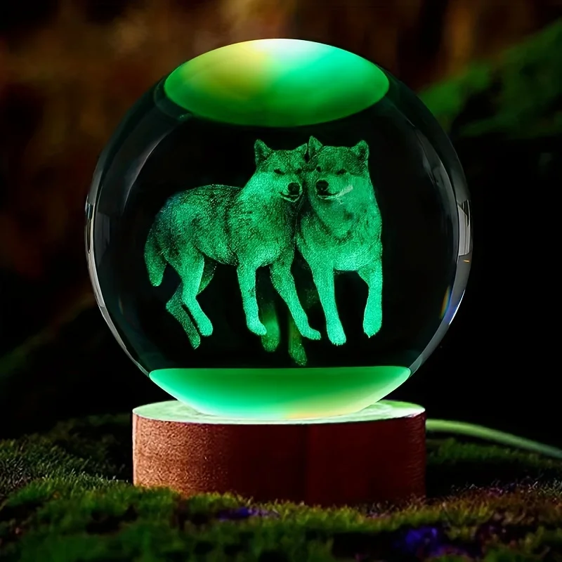 1PC 3D Wolf Crystal Ball Wooden Base Night Light, Girlfriend, Wife, Parents, Christmas Anniversary, Glass Ball, Living Room, Bed