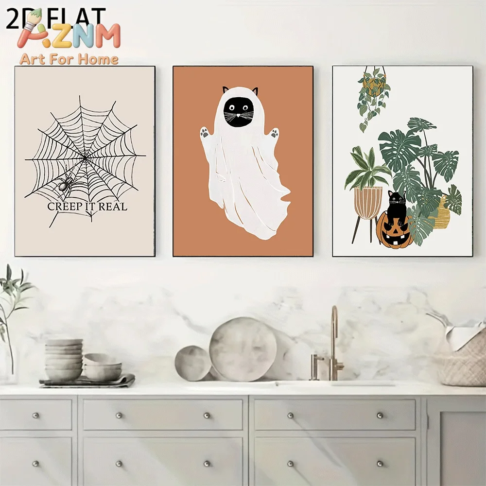 AZNM Boho Halloween Ghost Black Cat Spider Web Plant Canvas Wall Art, Creep It Real Quote Pumpkin Festive Line Art Print Paintin