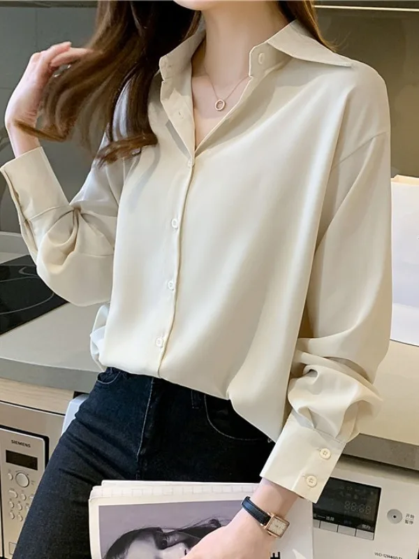 

Cherry Blossom Salt Series Women's Long Sve Chiffon Loose Collar Commuter Sle irt Spring Autumn New Arrival Top