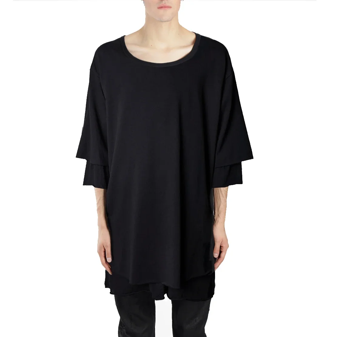 

YOJI OOAK COTTON JERSEY JULIUS silhouette layered black fringed five quarter sleeve sunscreen T-shirt