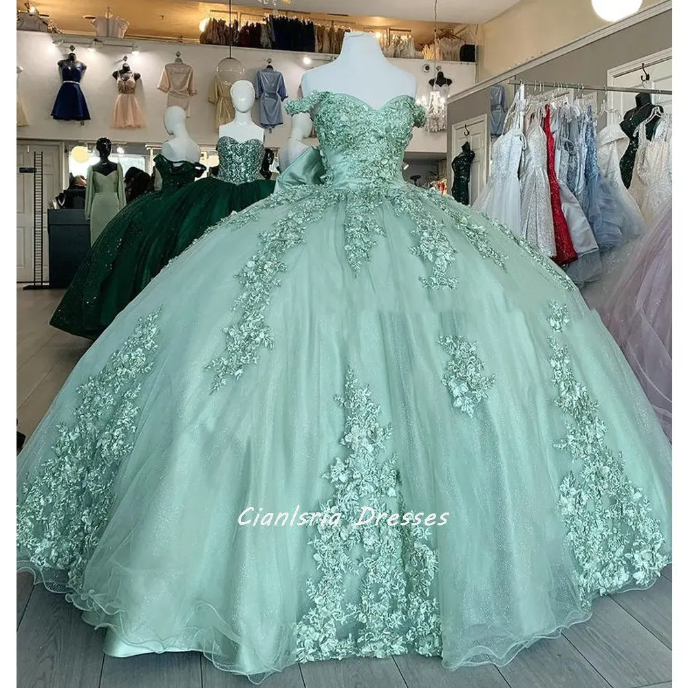 Hortelã verde fora do ombro quinceanera vestidos de baile apliques florais laço arco volta espartilho para doce 15 meninas festa