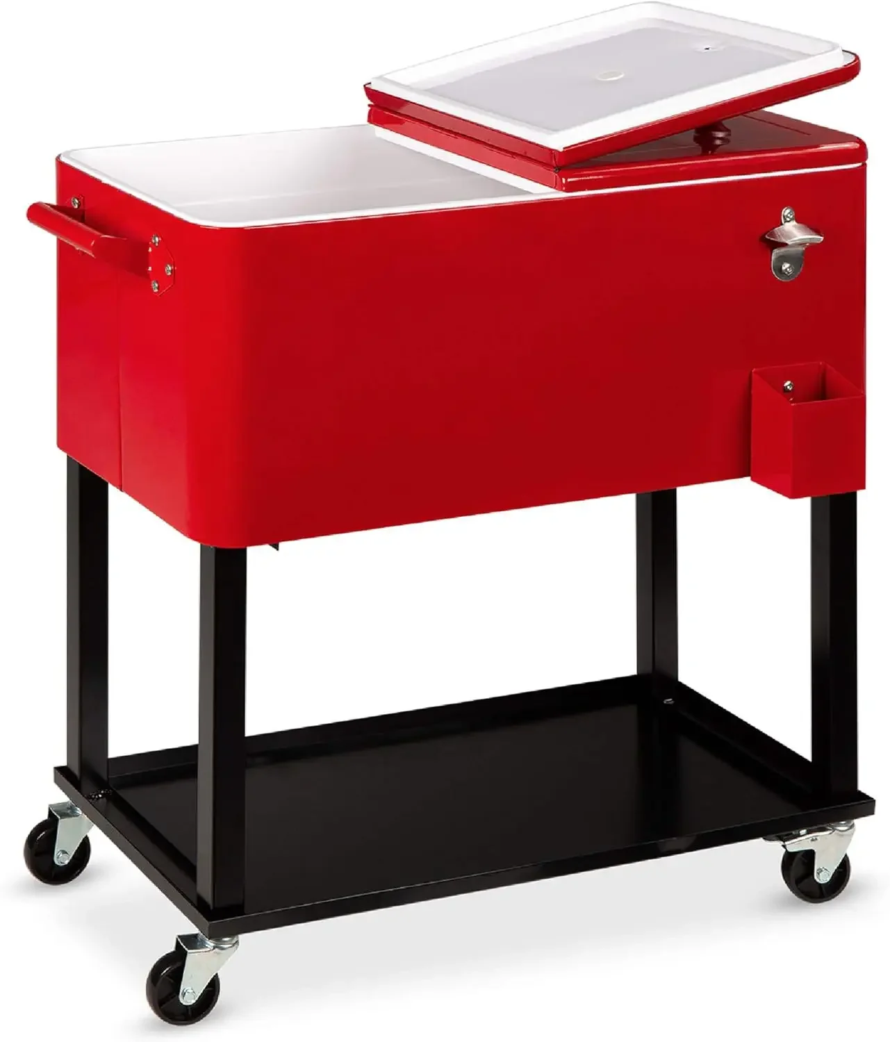 

80-Quart Outdoor Steel Rolling Cooler Cart for Cookouts, Tailgating, BBQ Cart with Ice Chest, Bottle Opener, Catch Tray