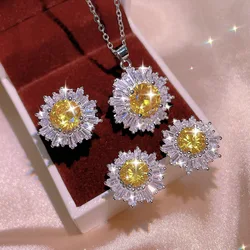 925 Silver Shiny Yellow Master Zircon Sunflower Ring Stud Necklace Set Three Piece Ladies Party Birthday Jewelry Bridal Gift