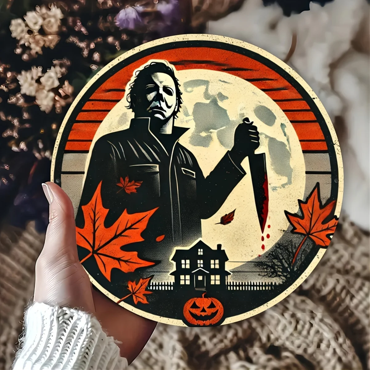 لافتة ألومنيوم دائرية للهالوين من مايكل مايرز - ديكور فني جداري مقاس 11.8 بوصة للمنزل والمقهى والمرآب والمزرعة والعطلات