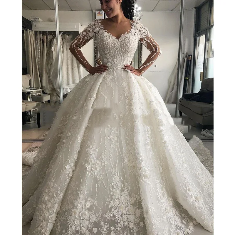 Flavinke vestidos de casamento personalizados organza bordado renda vestido de baile 3dflower com decote em v manga cheia vestido de noiva novia