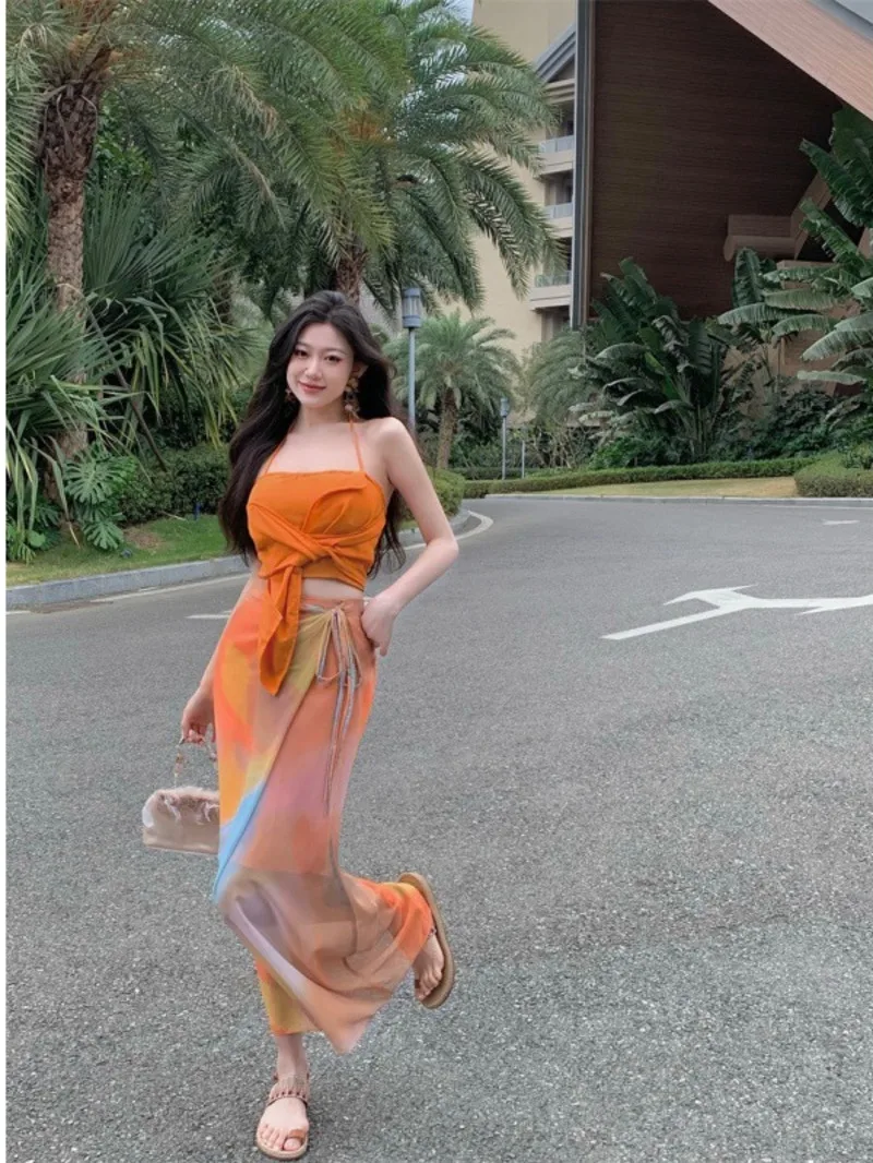 2024 Summer dopamine vacation style set with sexy sleeveless top and orange tie dyed design for a niche long dress U6EW