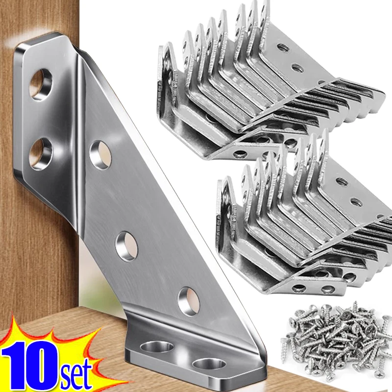 

10/1set Corner Brackets Stainless Steel Furniture Angle Shelf Connector Cabinet Support Fixing Frame Corner Brace with Screw