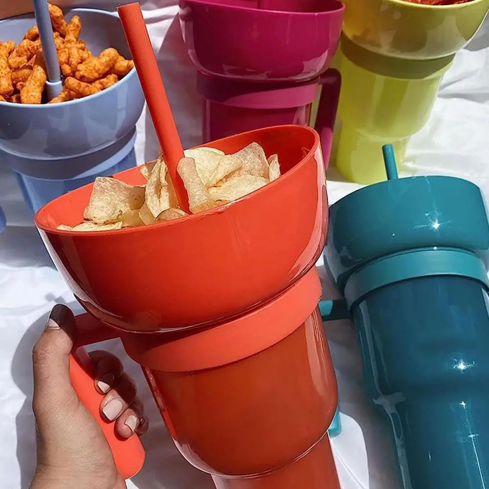 Popcorn Drink Cup Stadium Glass 2-in-1 Snack Drink Cup with Straw Leak-Proof Snack Cup Movie Beverage Popcorn Cup