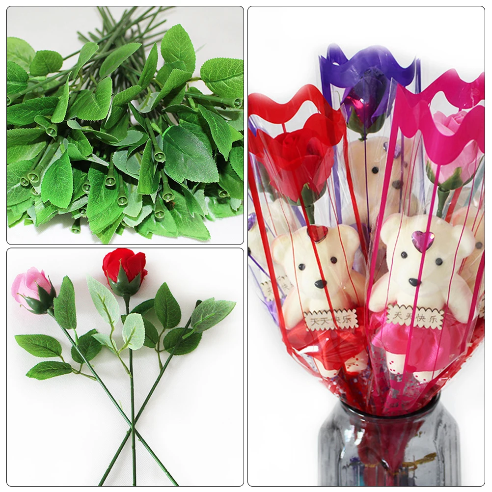 

40 pcs Rose Stems Artificial Flowers with Leaves for Arrangement Craft Durable Plastic DIY Handmade Supplies Flexible Wedding