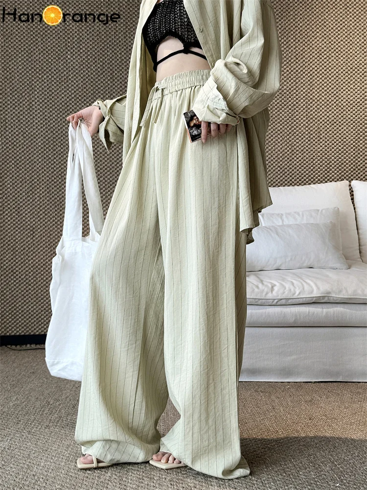HanOrange 2026 Summer Linen Stripe Pants Set Women Loose Shirt + Trousers 2pcs Sets White/Green - view 3