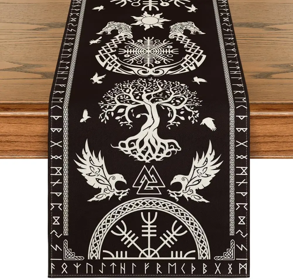 Black Viking Raven Helmet of Awe Linen Table Runner Seasonal Farmhouse Dresser Scarf Table Decor Home Kitchen Dining Table Decor