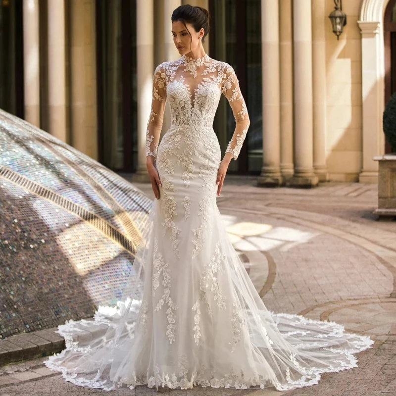 فستان زفاف بوهو بأكمام طويلة مزين بالدانتيل فستان زفاف حورية البحر الوهم الخلفي للشاطئ فيستدوس دي نوفيا حسب الطلب