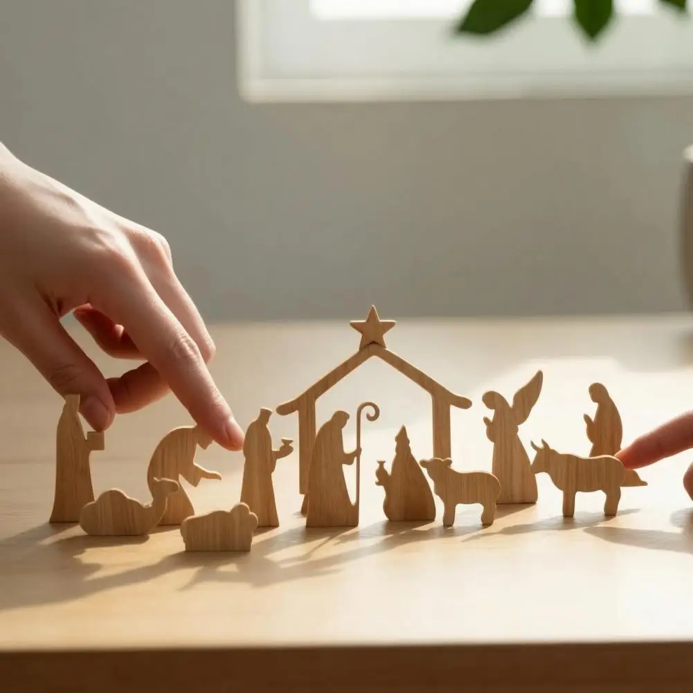 Wooden Christmas Nativity Scene Set Indoor Holiday Tabletop Decoration 13pcs Wooden Nativity Scene Set Mini Holy for Indoor