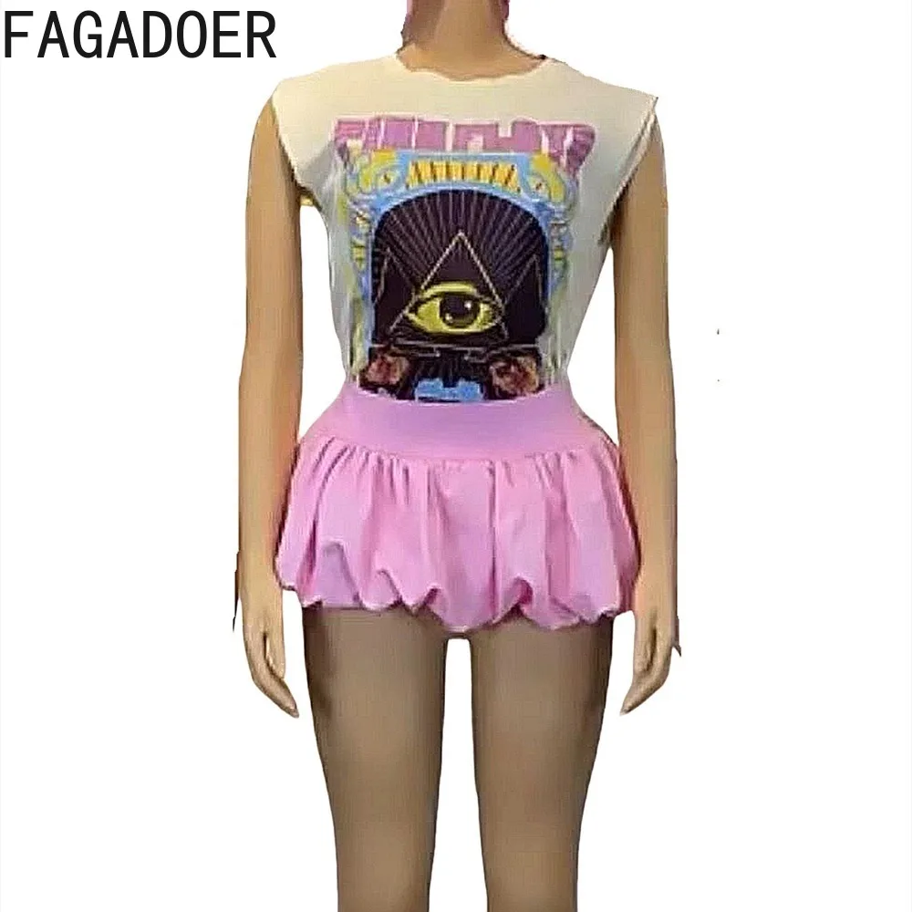 FAGADOER Sweet Women Graphic Sleeve T Shirts Streetwear Fashion Y2K Round Neck Top And Mini Puffy Skirts Two Piece Sets Outfits