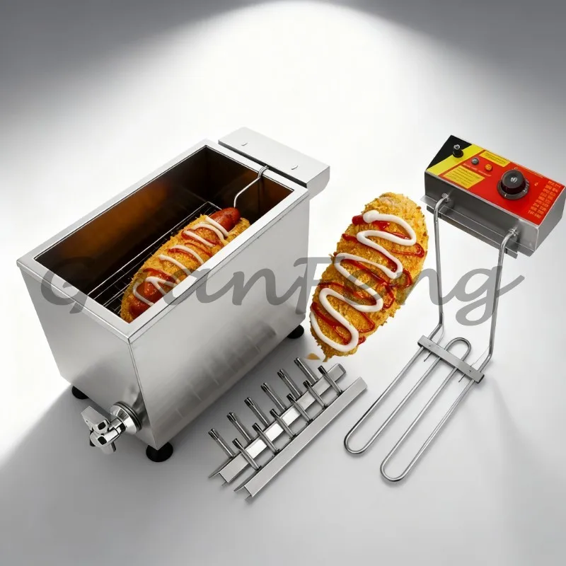 Electric/Gas Powered Corn Dog Deep Fryer, Commercial Cheese Hot Dog Frying Machine with Hot‑Dog Clips for Street Food Business