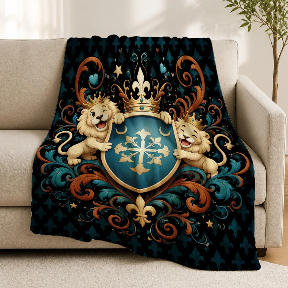 Elegant Baroque Decorative Throw Blanket for Sofa Couch Luxury Lion Crest Shield Design Royal Gothic Home Decor Gift Idea Cozy W