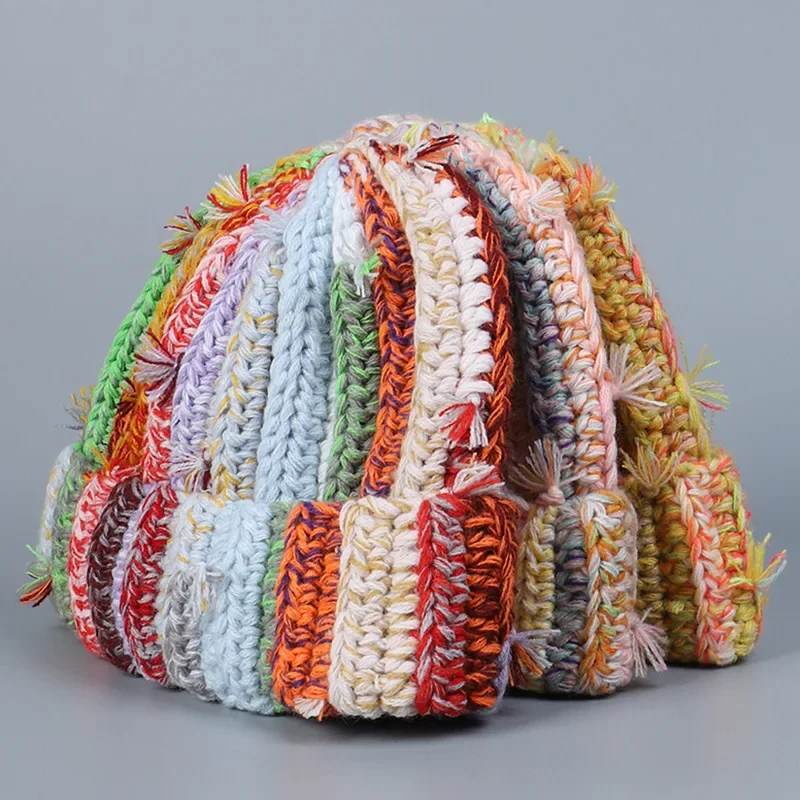 Handmade Heavy Industry Multi-strand Twist Mixed Color Wool Beanie Cap Dopamine Color Hat Women\'s Winter Thermal Pullover Hat