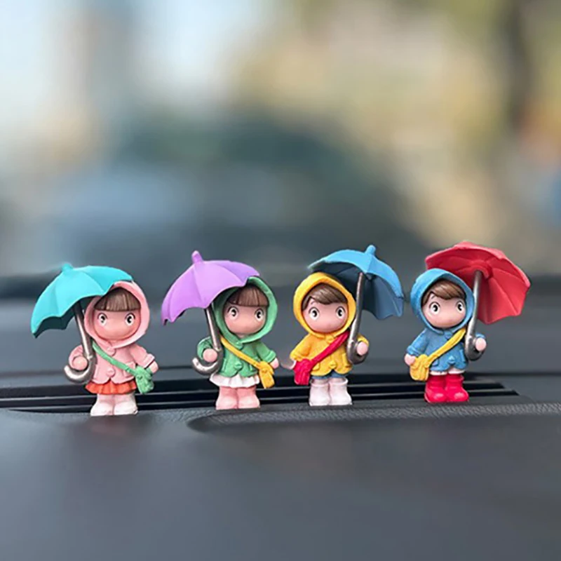 2PCS Car Interior Decoration Cute Umbrella Girl Bell Cat Couple Action Figures Auto Rearview Mirror Dashboard Ornaments