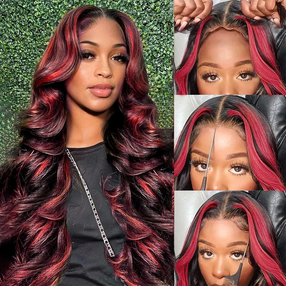 

1B/99J Ombre Red With Black Highlights Body Wave 5x5 Glueless Wigs Human Hair for Black Women 200 Density Burgundy Colored Wigs