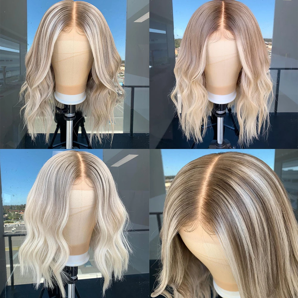 Bob curto hd laço frontal peruca ombre cinza loira destaque peruca de cabelo humano para as mulheres 13x 4/13x6 remy cabelo onda náutral peruca do laço 150%