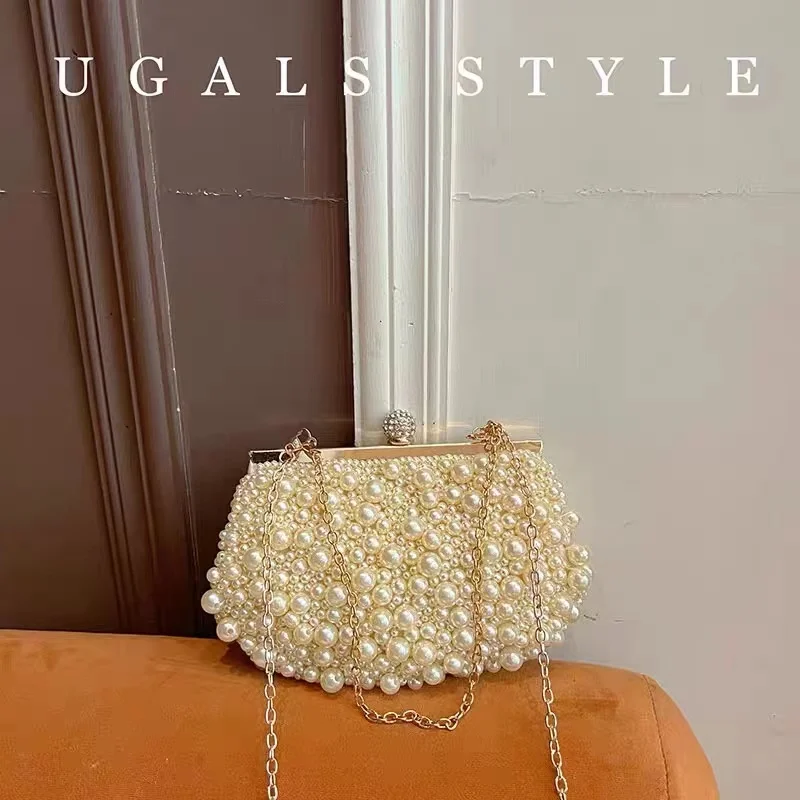 Women Handbag Luxury Shimmer Pearl Beading Shell Bag Beads Beaded Evening Bag Wedding Party Clutch Purse Shoulder Crossbody Bag