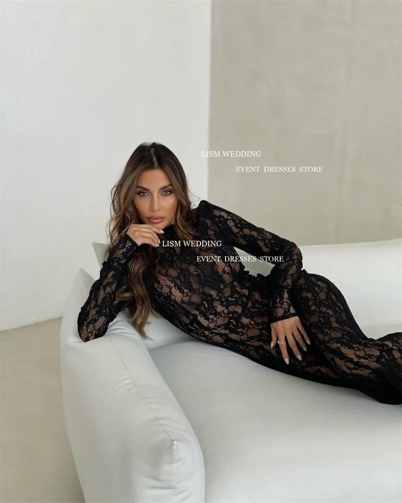 LISM Vintage Black Lace Mermaid Evening Dresses Long Sleeves High Neck Sexy Floor Length Prom Party Dress For Saudi Arabic Women