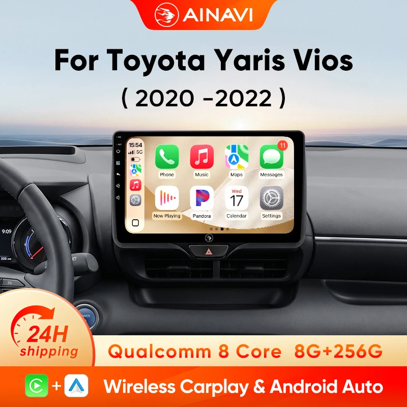 Autoradio AINAVI pour Toyota Yaris Vios 2020 2021 2022, CarPlay sans fil, Android Auto, écran tactile HD IPS, GPS, RDS, WiFi, BT, 4G, système multimédia pour voiture.