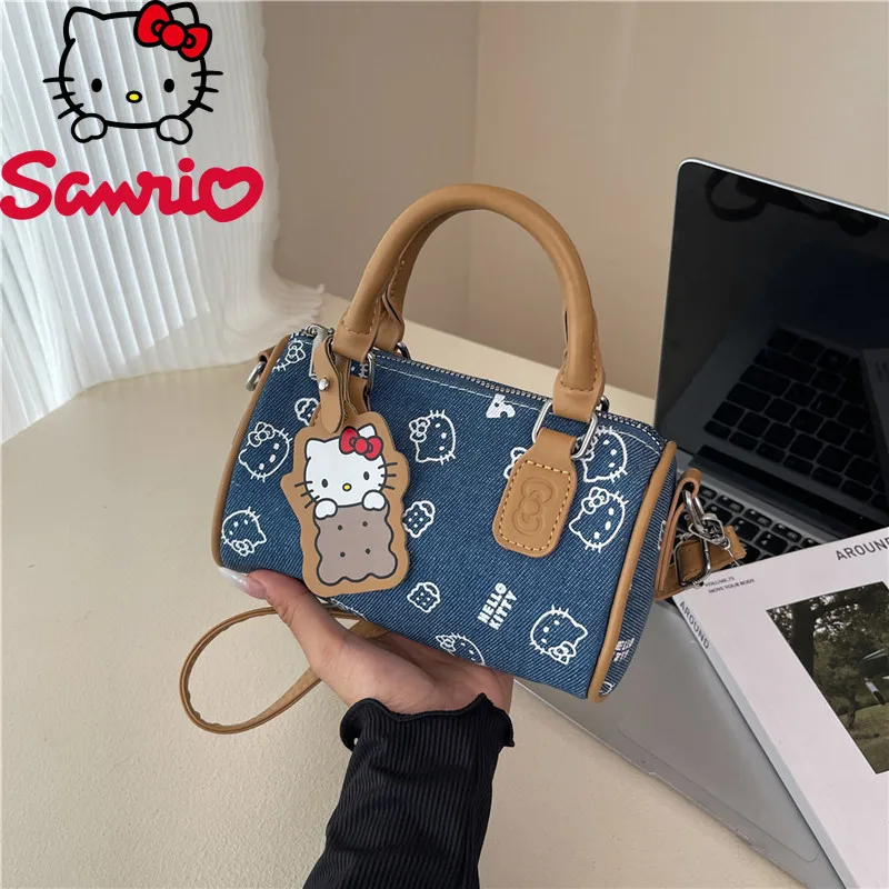 

Hello Kitty New Women's Handbag Fashion High Quality Denim Girl Round Bucket Bag Cartoon Versatile Multi Functional Shoulder Bag