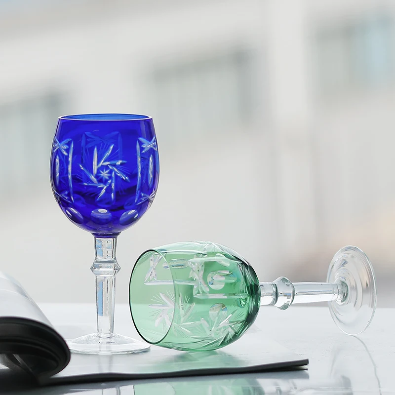 300ml Hand Cut Floral Pattern Edo Kiriko Crystal Tall Glass Whisky Glass Cup  Blue And Green Color with Gift Box 1 PC