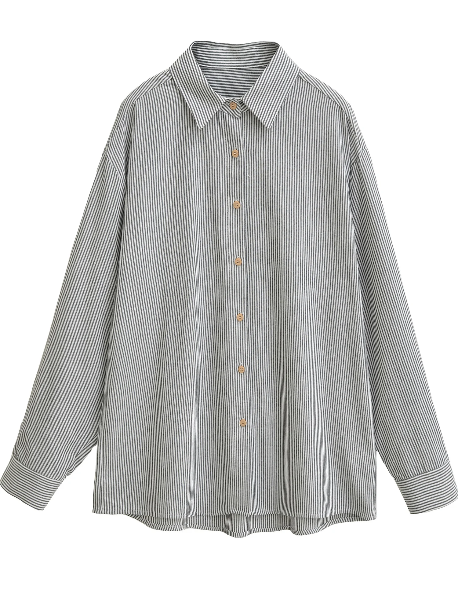 

American Retro Striped Long Sve irt Women Loose Casual Slimming Top Cotton Classic Sle Casual Wear for Teen Girls