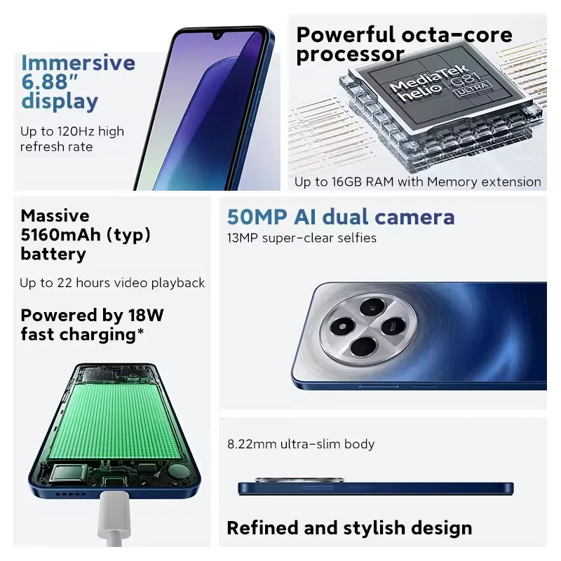 هاتف Xiaomi Global Redmi 14C 8GB RAM 256GB MediaTek Helio G81-Ultra 50MP AI Dual 5160mAh 6,88 "120 هرتز ROM الذكي